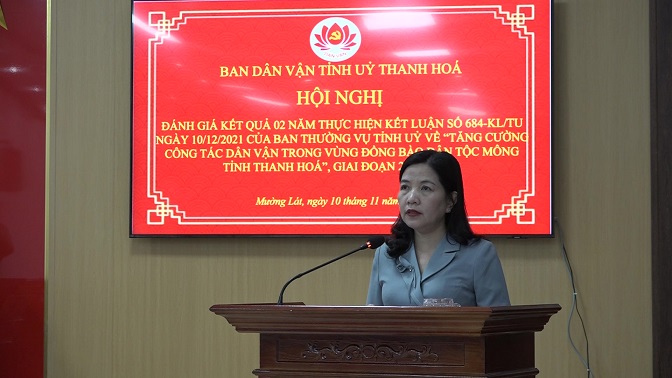 Trưởng Ban Dân vận Tỉnh ủy, Chủ tịch Ủy ban MTTQ tỉnh Phạm Thị Thanh Thủy phát biểu kết luận hội nghị.